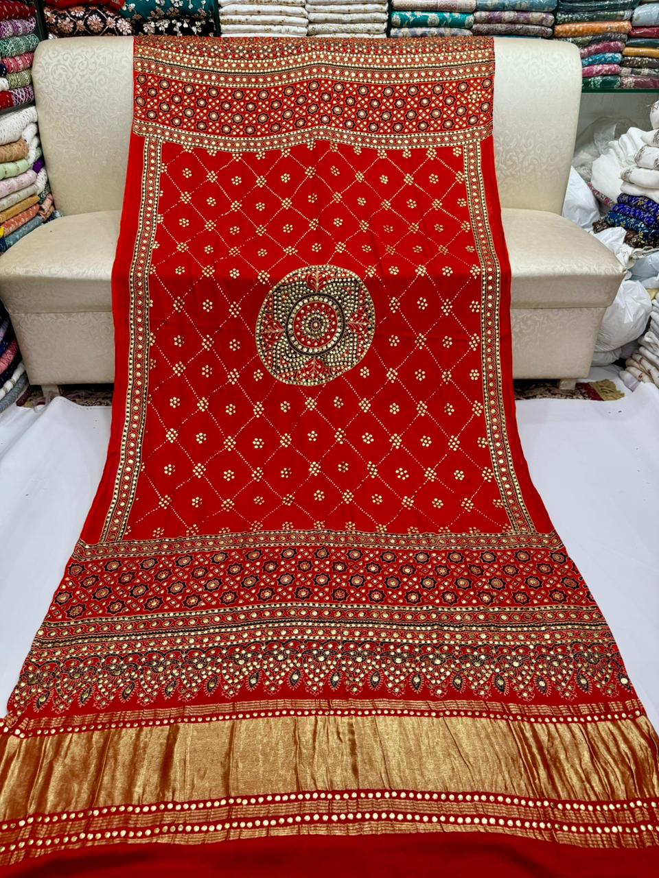 Ajrak Style Indian Gaji Silk Kamdani Shawl