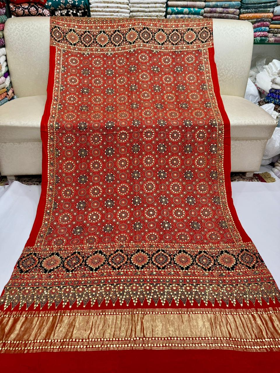 Ajrak Style Indian Gaji Silk Kamdani Shawl