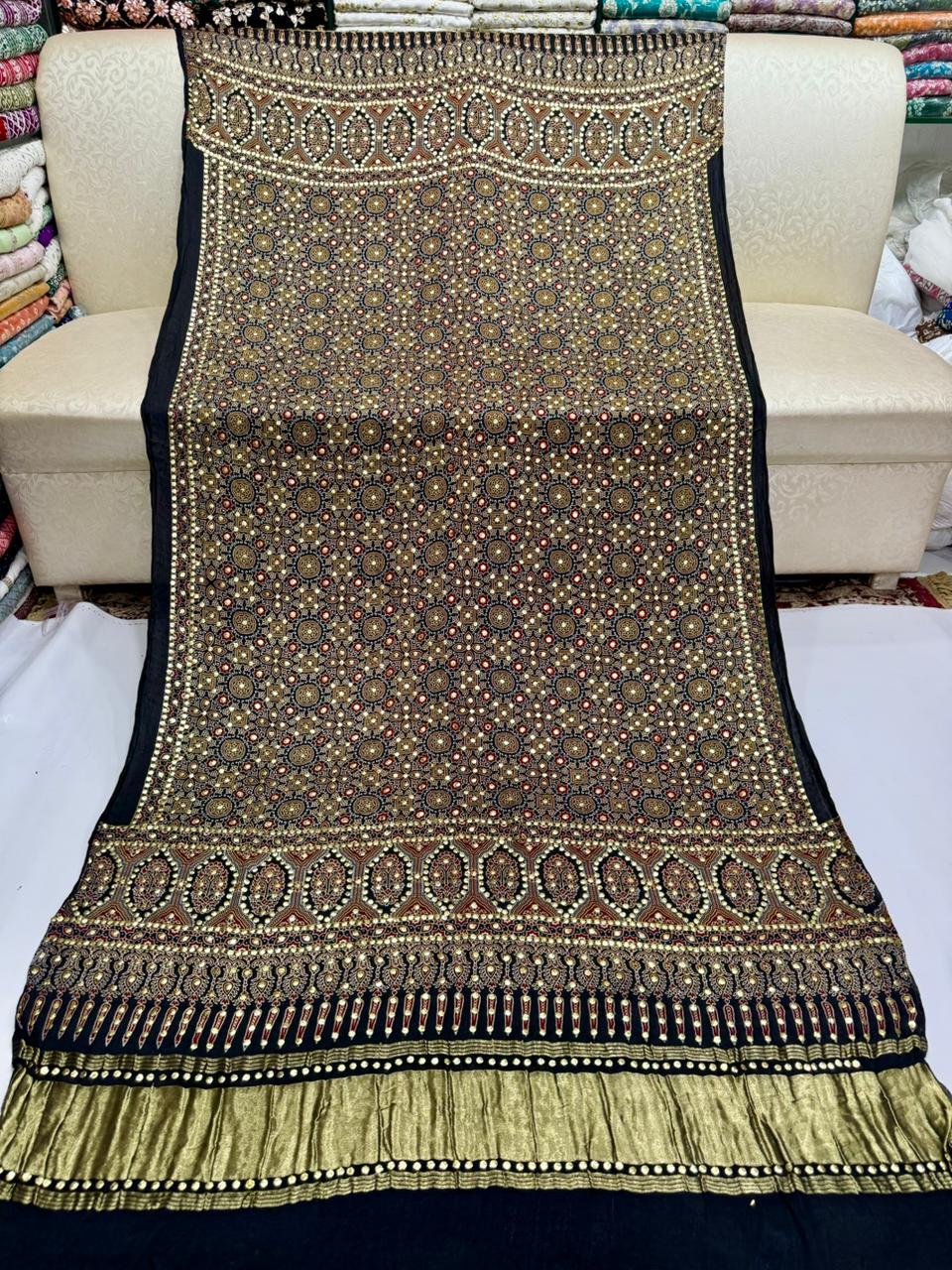 Ajrak Style Indian Gaji Silk Kamdani Shawl