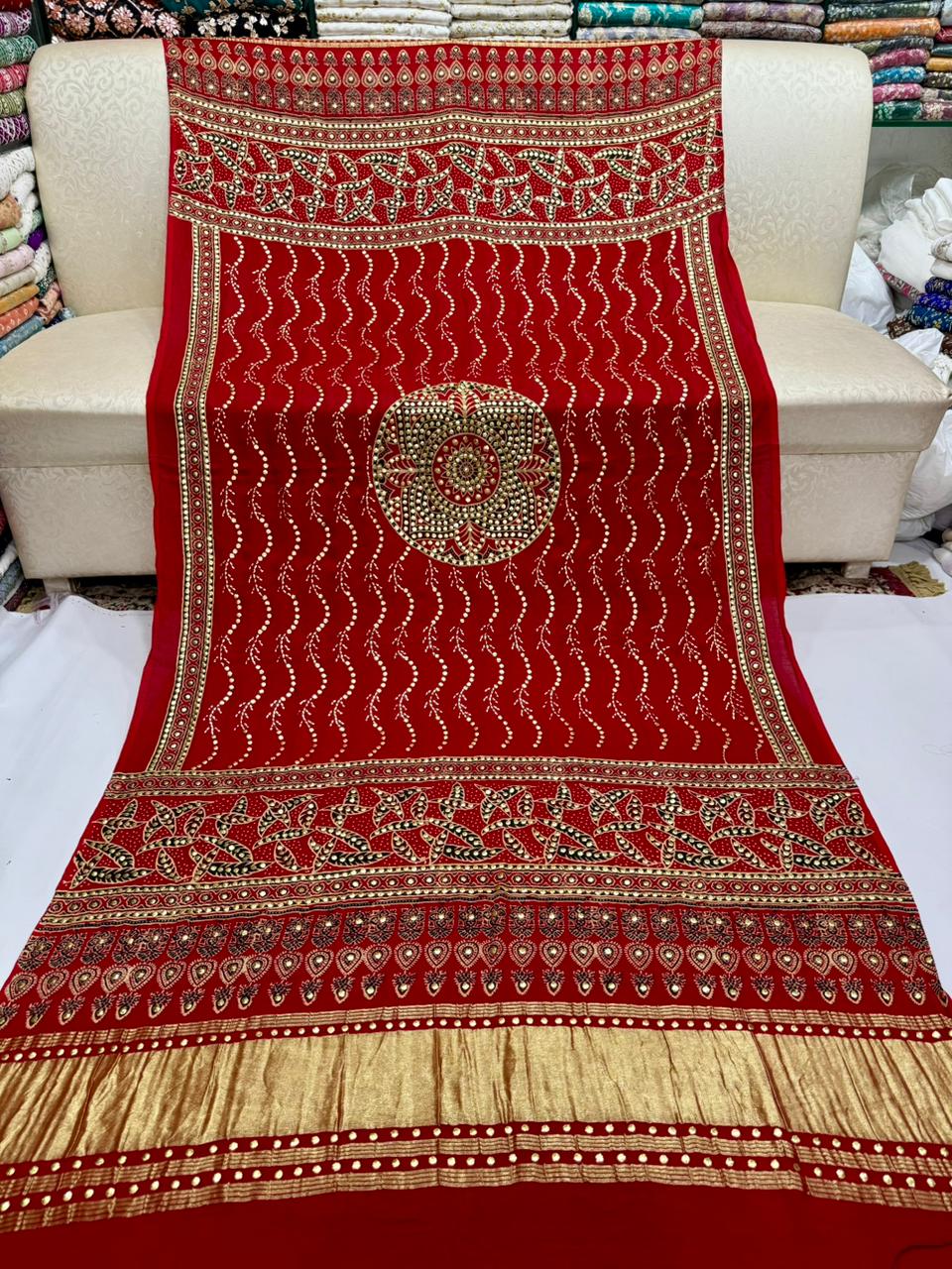 Ajrak Style Indian Gaji Silk Kamdani Shawl