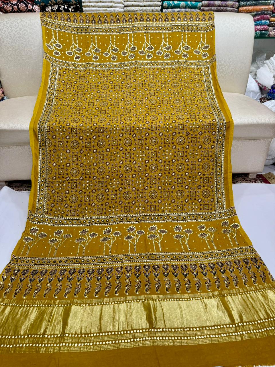 Ajrak Style Indian Gaji Silk Kamdani Shawl