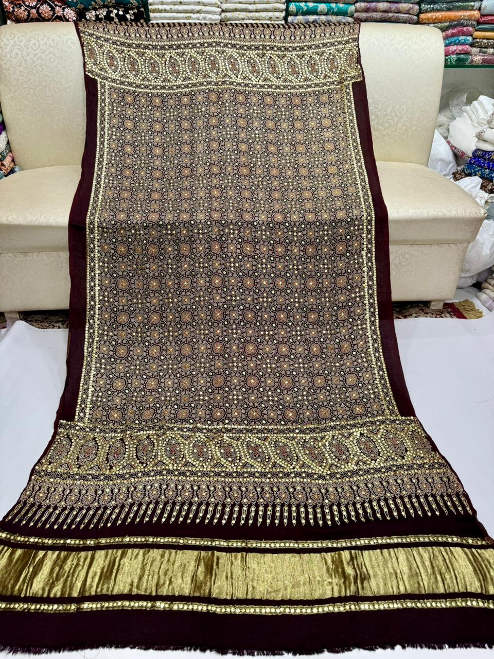 Ajrak Style Indian Gaji Silk Kamdani Shawl