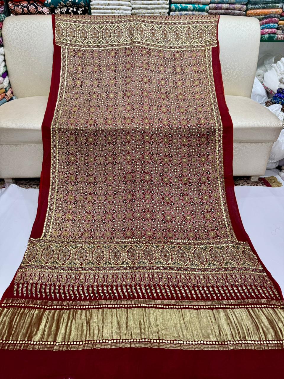 Ajrak Style Indian Gaji Silk Kamdani Shawl