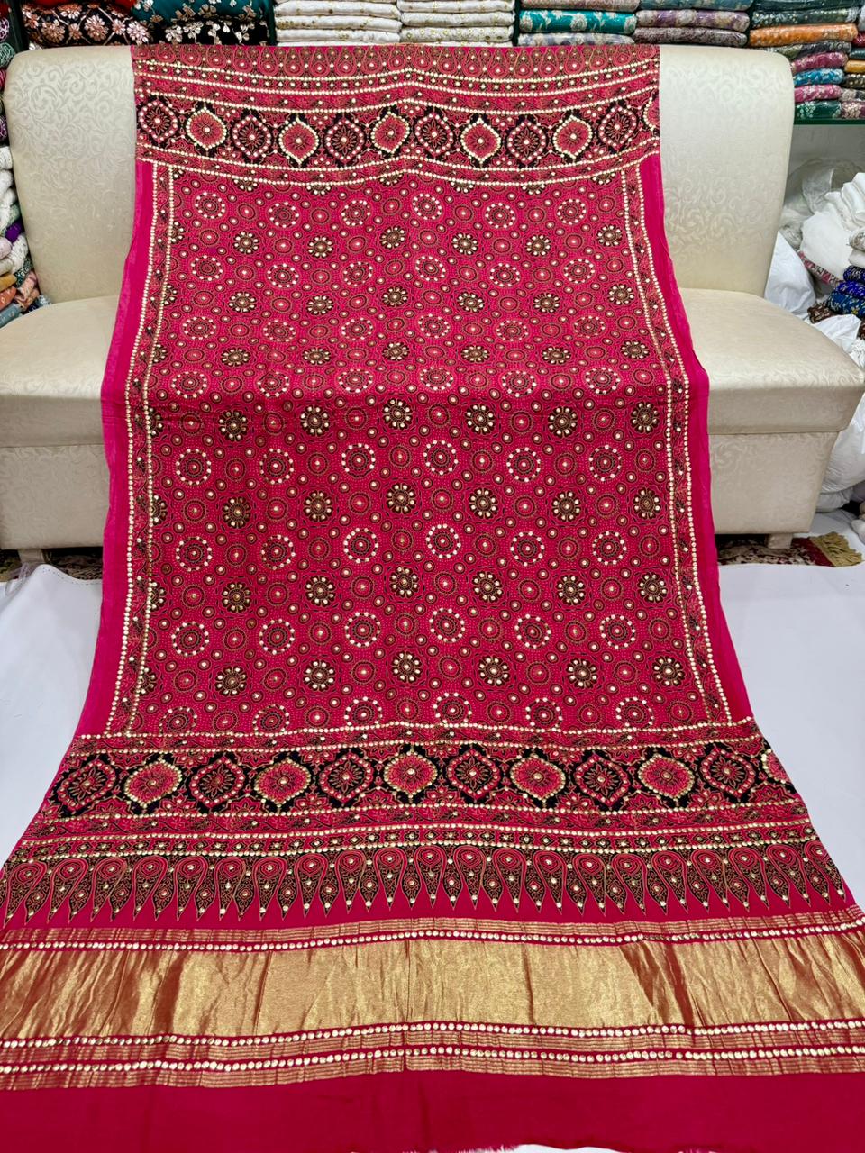 Ajrak Style Indian Gaji Silk Kamdani Shawl