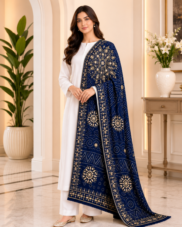 LCD Seep Gota Chunri Mirror Work Shawl crafted from premium Indian Silk with handcrafted Gota, Chunri, and Mirror Work detailing.