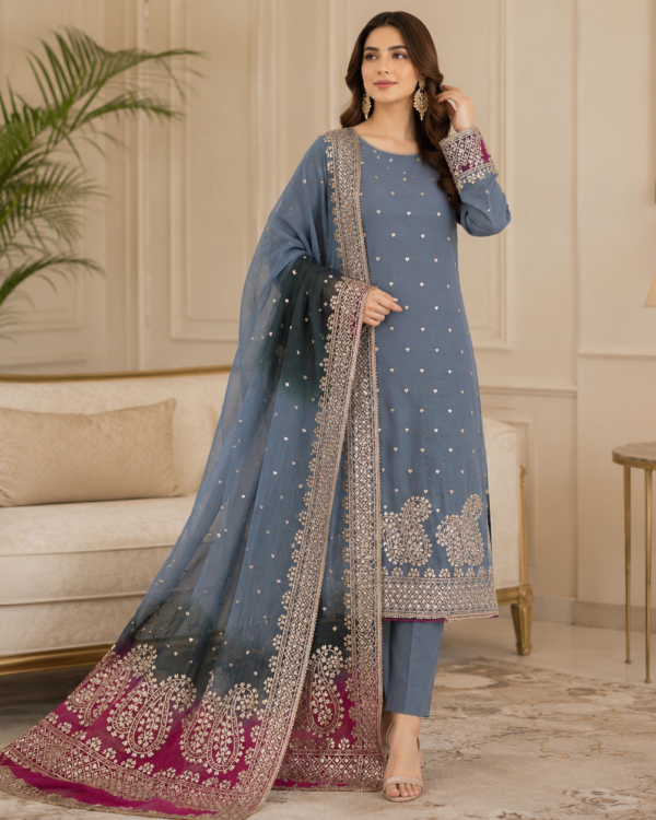 Rose Gold Gota Suit crafted from premium Bamber Chiffon fabric with elegant Rose Gold Gota embellishments, 2-piece traditional wear.