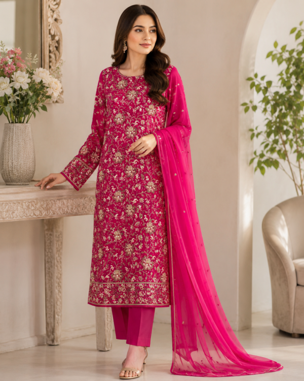 Fancy Cut Dana Embroidered Suit made from soft PK Chiffon with elegant handcrafted Cut Dana embroidery, 2-piece formal wear.