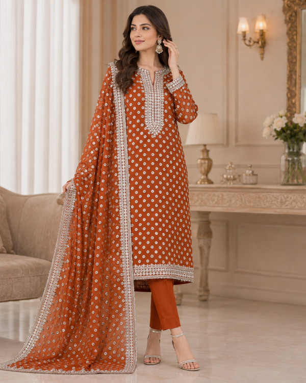 LCD Akhroat Jaal Gota Work Suit crafted from Pure Soft Bamber Chiffon with intricate handcrafted Gota work, 2-piece traditional wear.