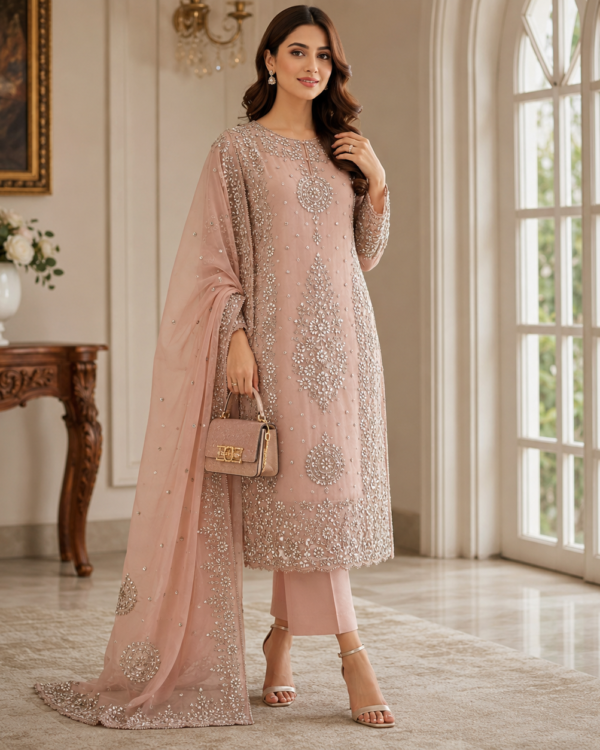 LCD Gota Suit crafted from Soft Bamber Chiffon with intricate handcrafted Gota work, 2-piece traditional outfit.