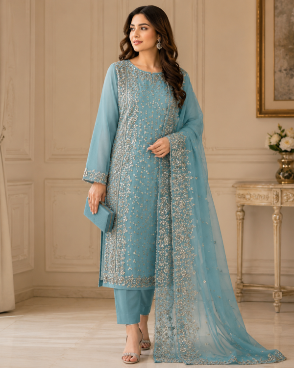 Heavy LCD Gota Suit in Soft PK Chiffon by ZARQASHI featuring handcrafted traditional Pakistani Gota work.