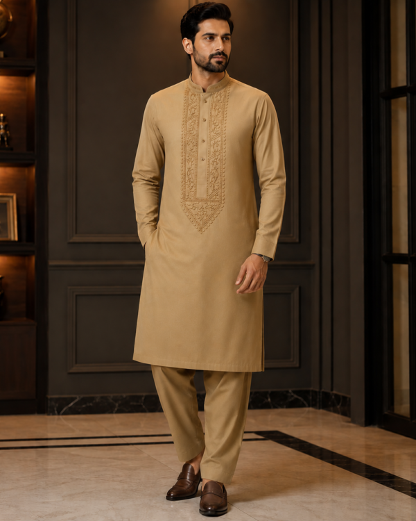 Gents Applique Galla Work Suit crafted from best quality cotton featuring elegant applique embroidery on the collar, premium full traditional suit.