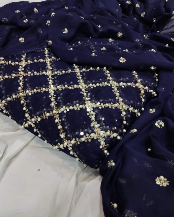 Pearl, Sequence & Tilla Work Suit crafted from premium Soft Bamber Chiffon with elegant pearl embellishments, sequence detailing, and intricate Tilla embroidery, 2-piece outfit.