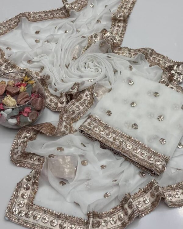Akhroat Gota Suit crafted from premium Soft PK Chiffon with intricate handcrafted Akhroat Gota work, 2-piece traditional outfit.