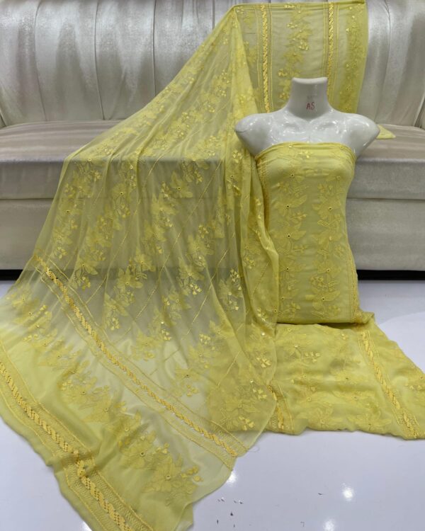 Heavy Kacha Embroidered Tarkashi Mirror Work Suit crafted from Soft PK Chiffon with intricate embroidery and mirror work, 2-piece traditional outfit.
