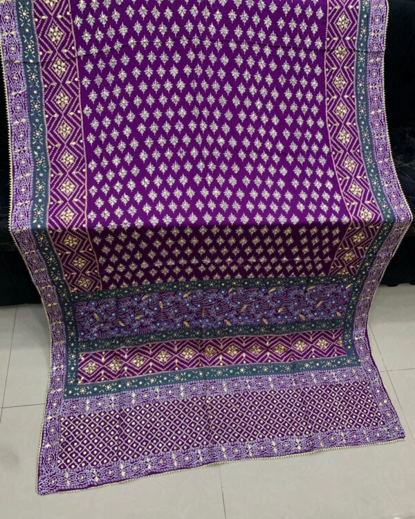 Ajrak Printed Fish Mukesh Kamdani Shawl crafted from premium Shamoze Silk with elegant Mukesh Kamdani detailing, 3-yard traditional shawl.