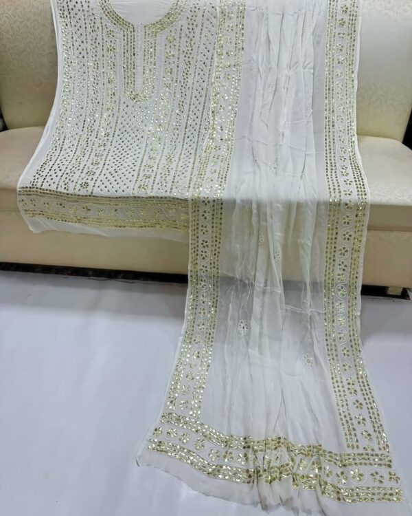 Heavy Aar Mukesh Kamdani 4 Side Dupatta Suit crafted from premium Pure Chiffon with intricate handcrafted Mukesh Kamdani work and a beautifully embellished four-side dupatta, 2-piece dyeable outfit.