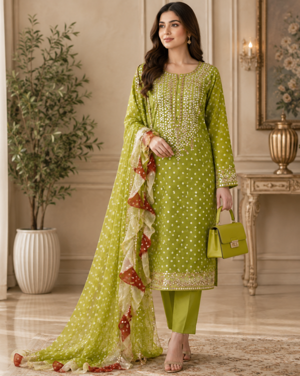 Pressing Gota Chunri Suit crafted from premium Soft PK Chiffon with elegant Pressing Gota work and traditional Chunri detailing, 2-piece outfit.
