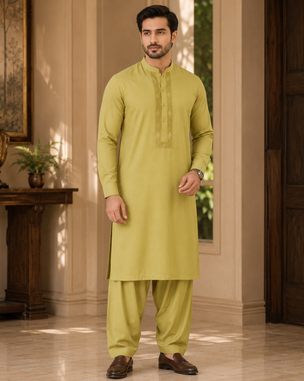 Neat & Elegant Tarkashi Hand Embroidered Gents Suit crafted from premium Wash & Wear fabric with intricate handcrafted embroidery.