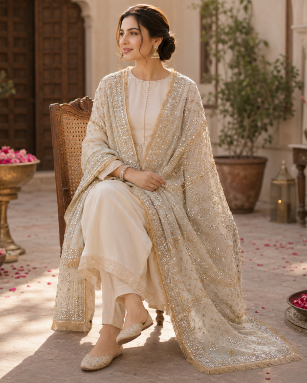 Heavy Gota Work Shawl crafted from premium Shamoze Silk with intricate handcrafted Gota work, 3-yard dyeable shawl available in all colours.