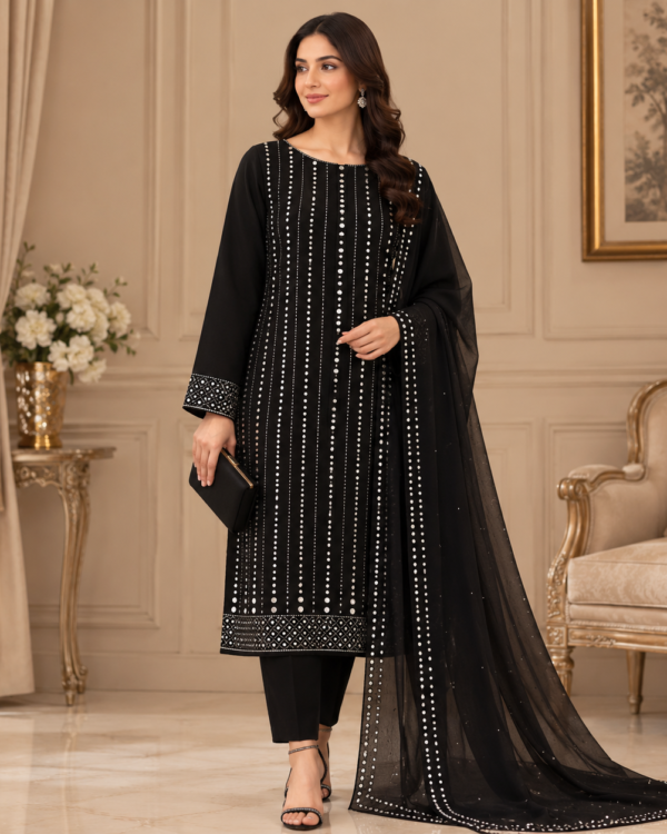 Handcrafted Mukesh Kamdani Suit in Soft Bamber Chiffon by ZARQASHI featuring traditional Pakistani embellishments.