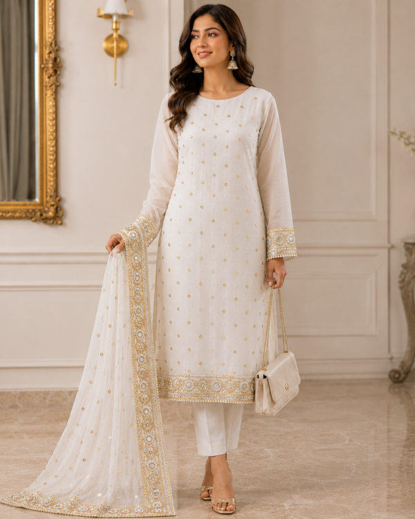 Tamba Lappa Gota Jaal Work Suit crafted from premium PK Pure Chiffon with intricate handcrafted Gota Jaal work, 2-piece dyeable outfit available in all colours.