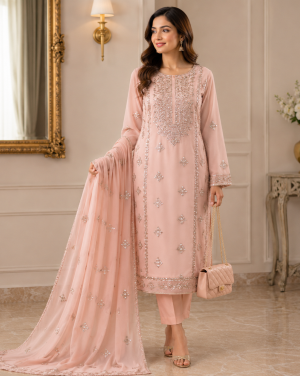 Gota Suit crafted from premium Bamber Chiffon with elegant handcrafted Gota work, 2-piece traditional outfit.