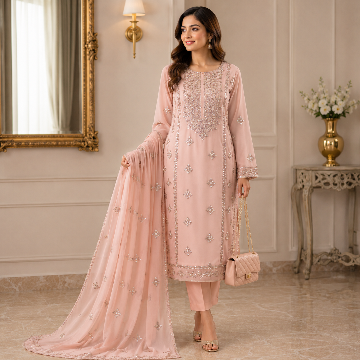 Gota Suit crafted from premium Bamber Chiffon with elegant handcrafted Gota work, 2-piece traditional outfit.
