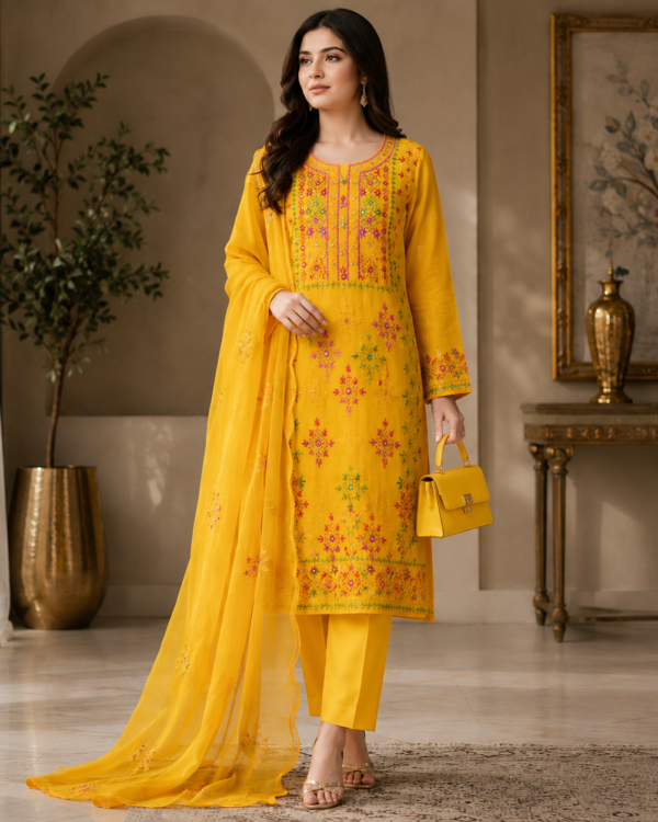 Afghani Tanka Embroidered Mirror Work Suit featuring a lawn shirt and trouser with a chiffon dupatta and elegant mirror work, 3-piece outfit.