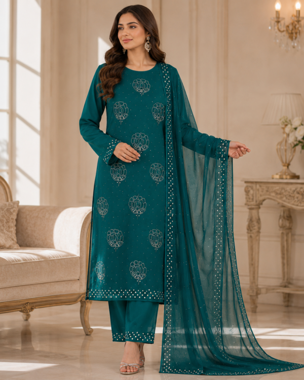 Elegant Mukesh Kamdani Suit in Soft Bamber Chiffon featuring intricate handcrafted Mukesh Kamdani work, 2-piece traditional outfit.