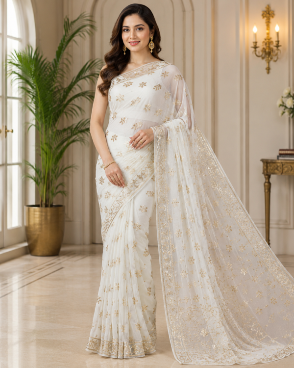 Mukesh Kamdani Saree crafted from premium Pure Chiffon with elegant handcrafted Mukesh Kamdani work, available in all colours with dyeable fabric.