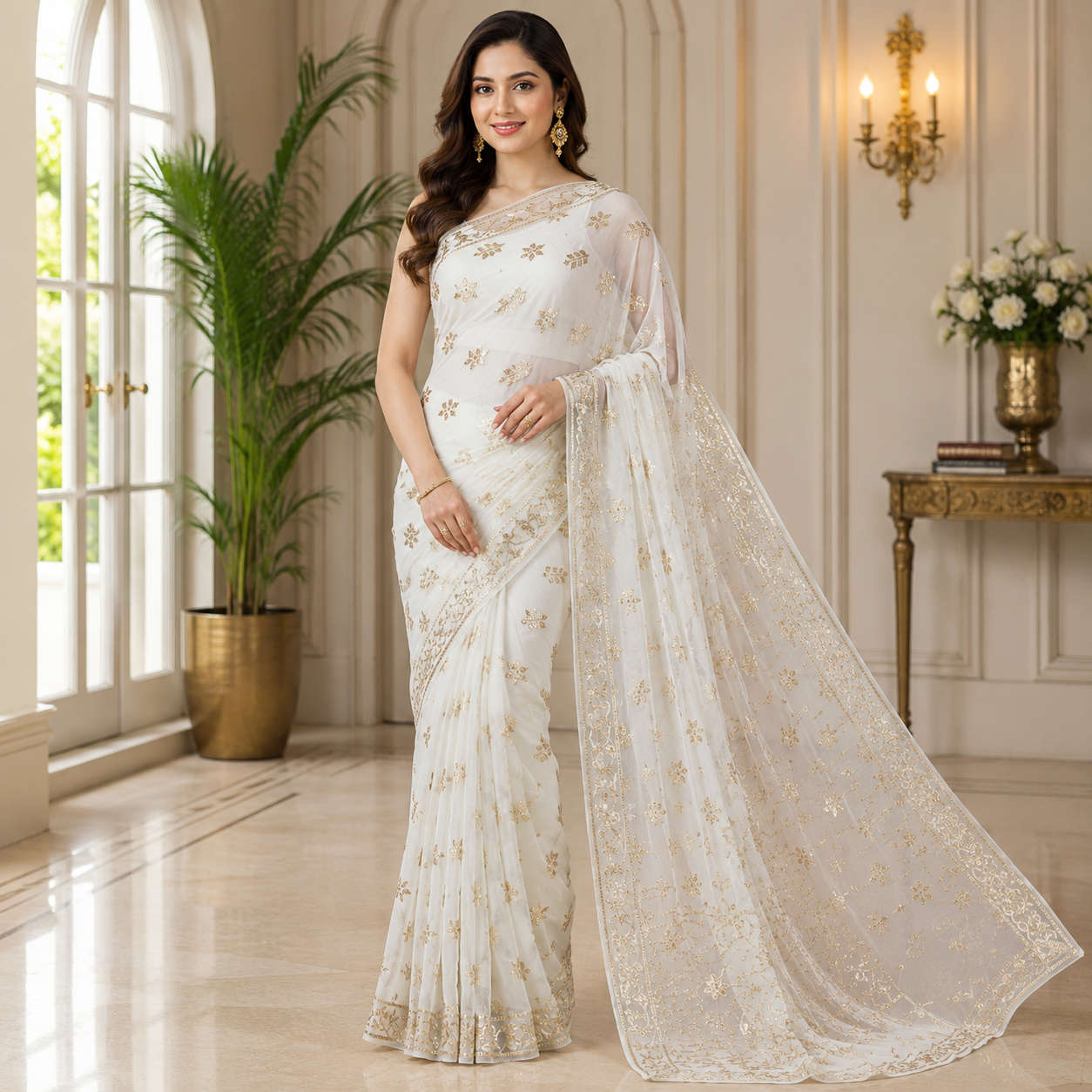 Mukesh Kamdani Saree crafted from premium Pure Chiffon with elegant handcrafted Mukesh Kamdani work, available in all colours with dyeable fabric.