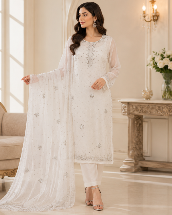 Mukesh Kamdani Suit crafted from premium Pure Chiffon fabric with handcrafted Mukesh Kamdani work, 2-piece dyeable suit available in all colours.