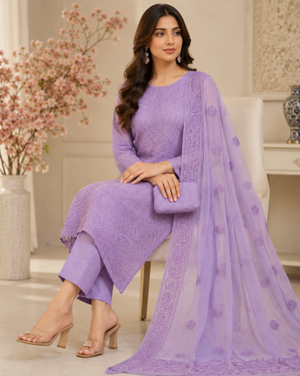 Shadow Chikankari Suit crafted from premium PK Pure Chiffon with elegant handcrafted Shadow Chikankari embroidery, 2-piece traditional outfit.