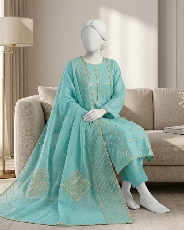 Gota and Mukesh Kamdani Suit crafted from Soft PK Chiffon with elegant handcrafted Gota and Mukesh Kamdani work, 2-piece outfit.