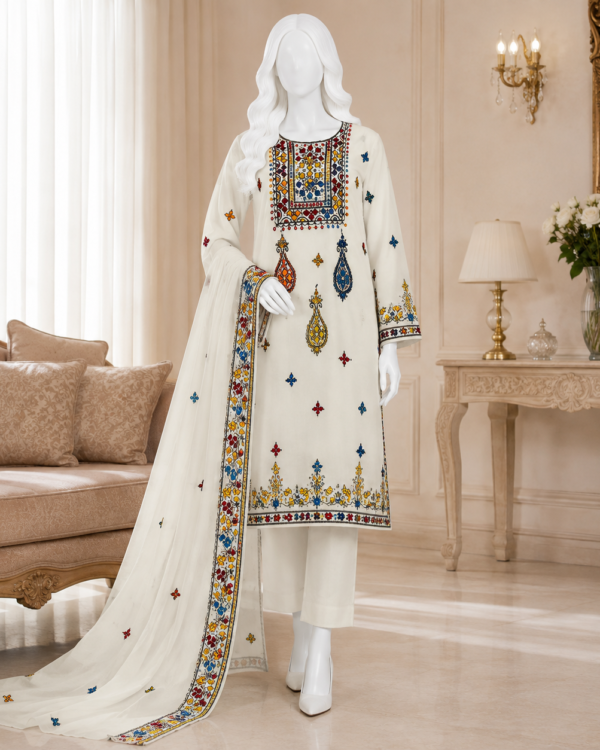 Boutique style Heavy Chikankari Suit crafted from Pure Chiffon with intricate handcrafted Chikankari embroidery, 2-piece dyeable outfit.