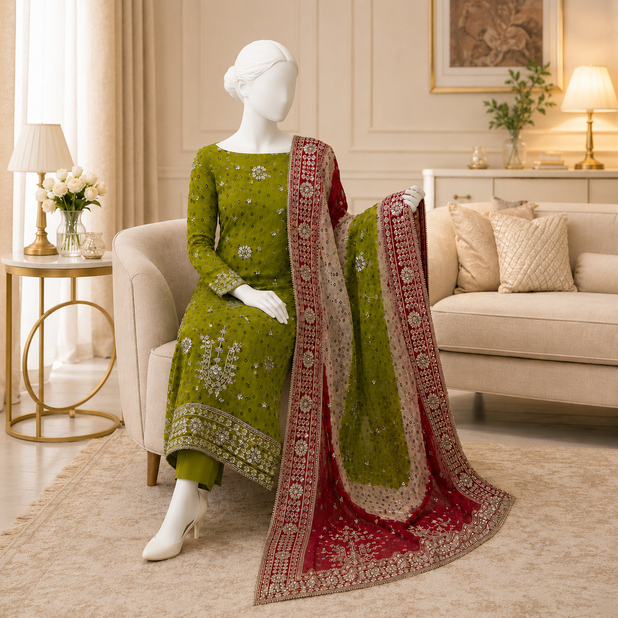 Heavy LCD Gota Work Chunri Suit crafted from PK Pure Chiffon with intricate Gota work and traditional Chunri detailing, 2-piece outfit.