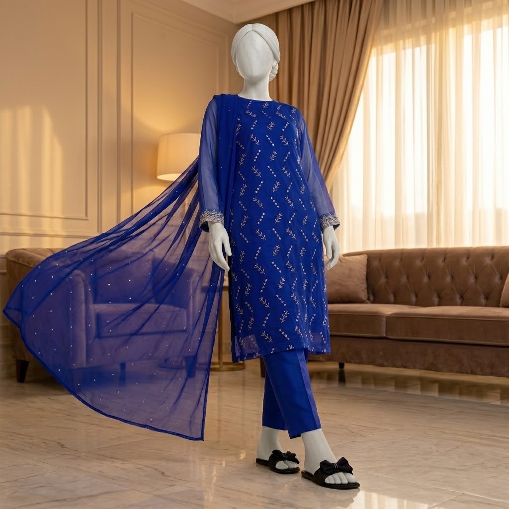Mukesh Kamdani Suit in Soft PK Chiffon featuring delicate handcrafted Mukesh Kamdani work, 2-piece Pakistani outfit.