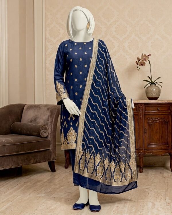 Banarsi Fish Mukesh Kamdani Suit crafted from Banarsi Satin Silk with elegant