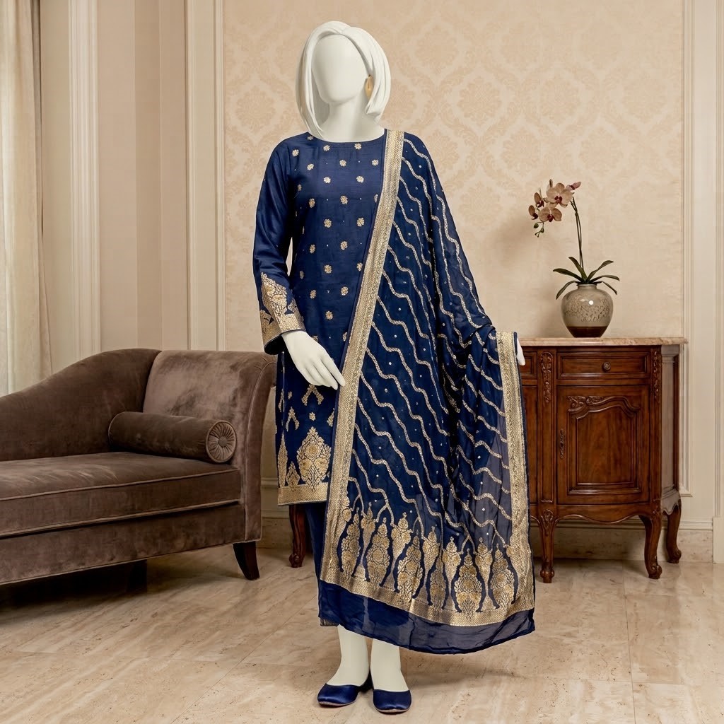 Banarsi Fish Mukesh Kamdani Suit crafted from Banarsi Satin Silk with elegant