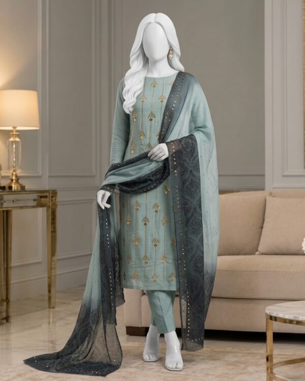 Mukesh Kamdani Suit crafted from PK Pure Chiffon with delicate Mukesh Kamdani work, 2-piece dyeable Pakistani outfit.