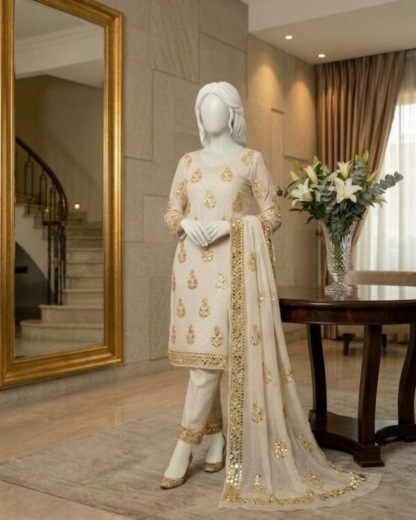 Heavy Mukesh Kamdani Suit featuring intricate Mukesh and Kamdani work, crafted from Pure Chiffon, 2-piece dyeable outfit.
