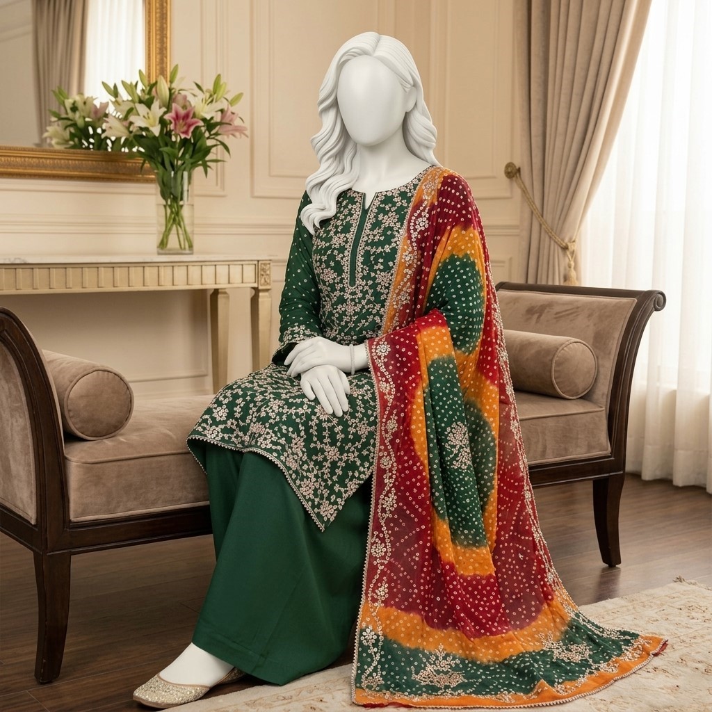 LCD Gota Chunri Suit featuring intricate traditional Gota work, crafted from Pure Bamber Chiffon, 2-piece outfit.