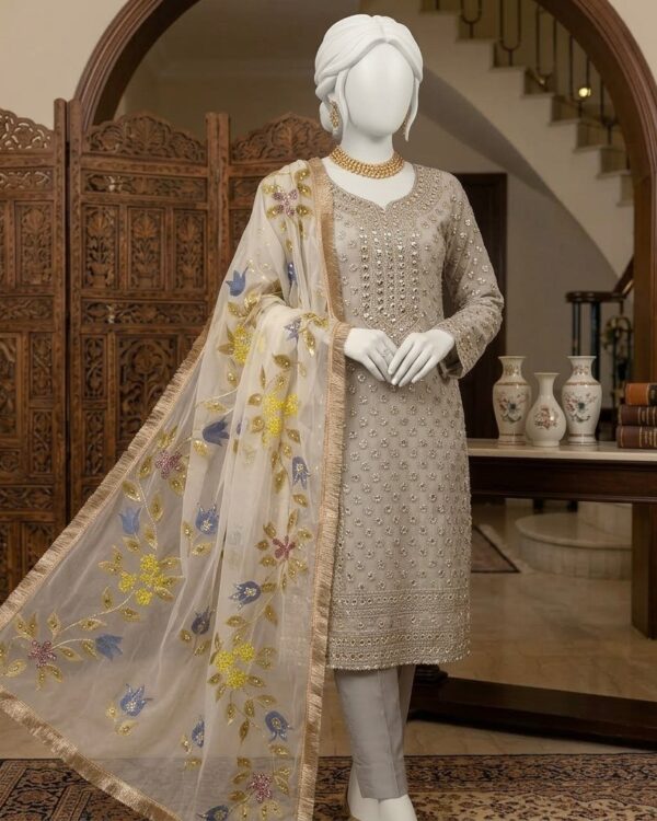 Hand Painted Suit featuring Cut Dana, Moti, Sequence and Gota work, crafted from Organza fabric, 3-piece outfit.