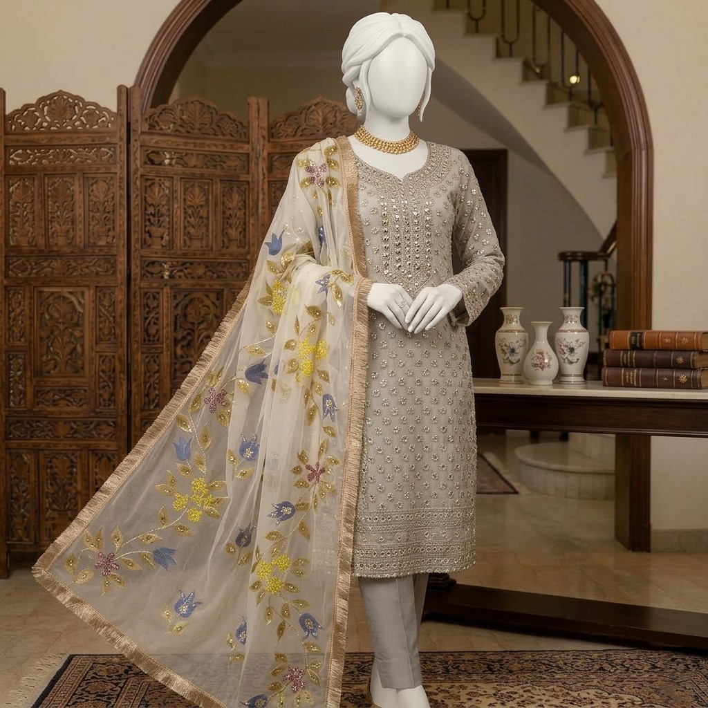 Hand Painted Suit featuring Cut Dana, Moti, Sequence and Gota work, crafted from Organza fabric, 3-piece outfit.