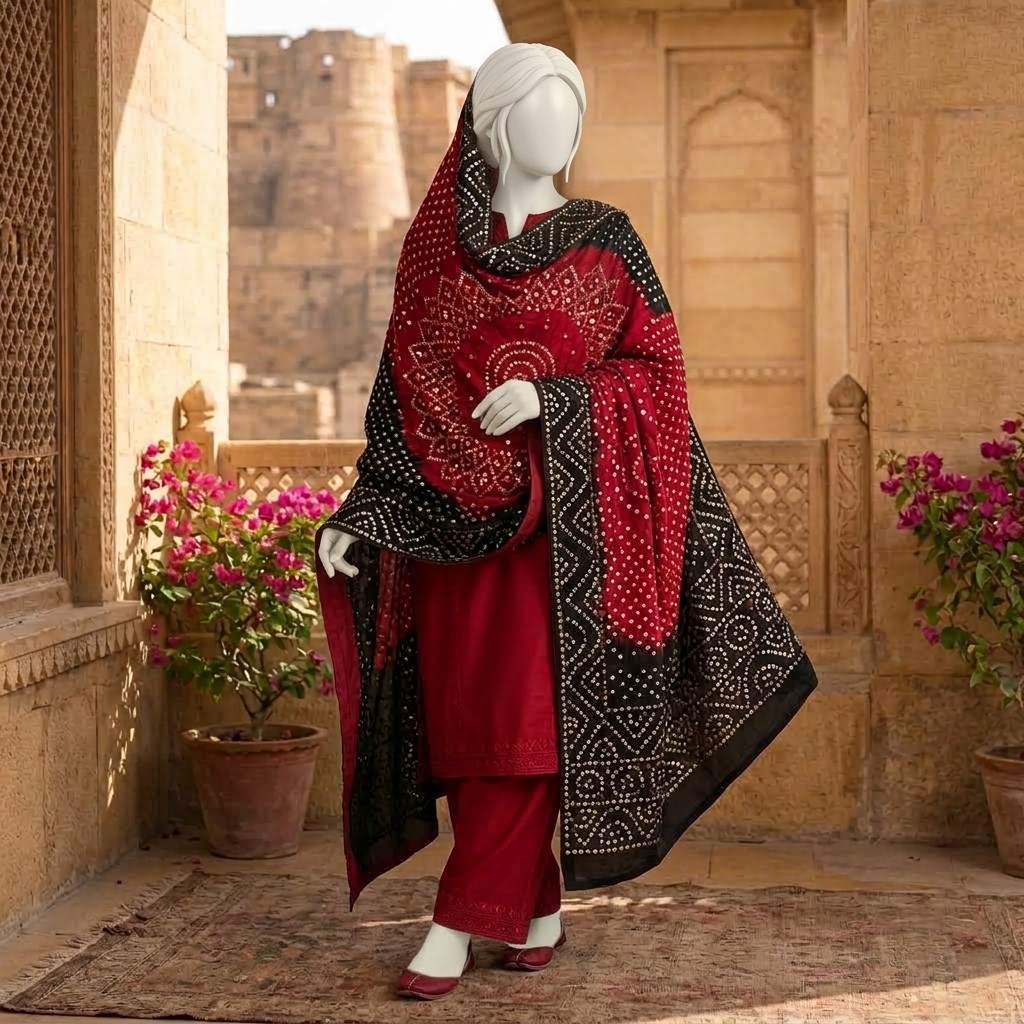 Heavy Mukesh Kamdani Chunri Shawl featuring intricate traditional Mukesh and Kamdani work, crafted from Pure Shamoze Silk, 3 yards.