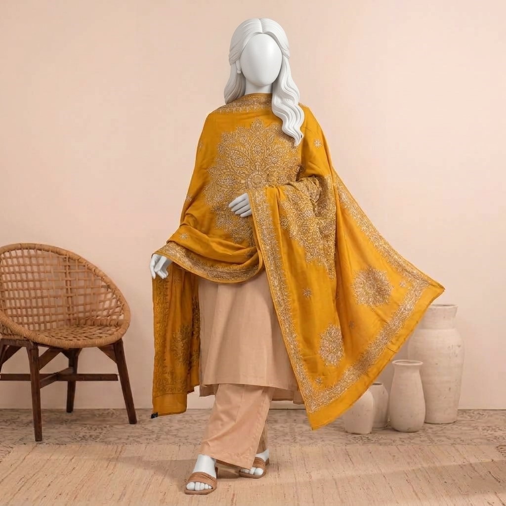 LCD Gota Shawl crafted from Medium Silk with elegant traditional Gota work, white and available for dyeing.