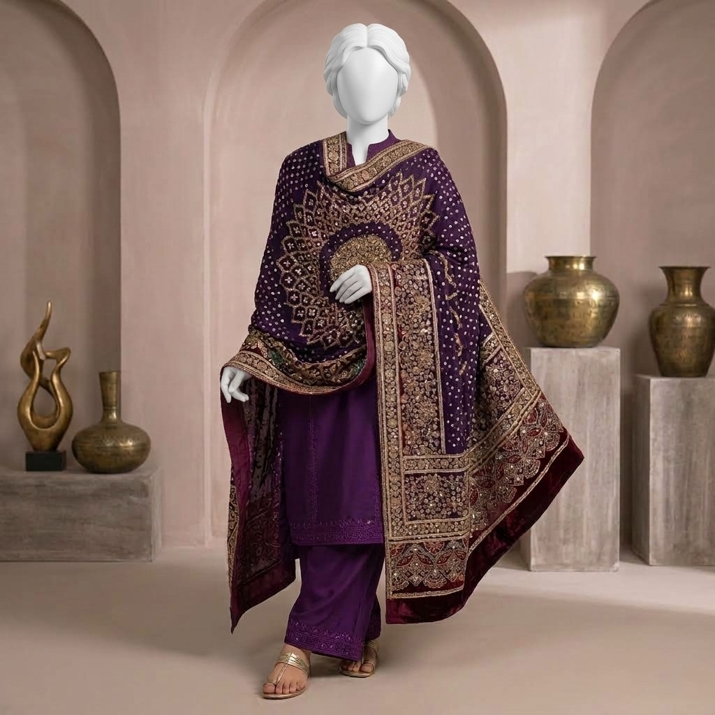 Ajrak Work Shawl featuring Gota, Cut Dana, Pearls and Sequin embellishment, crafted from Pure Indian Gaji Silk.