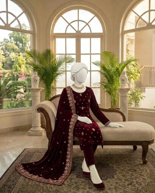 Winter Collection Thread Embroidered Suit crafted from 9K Micro Velvet, featuring a detailed embroidered shirt with plain velvet trousers, 3-piece outfit.