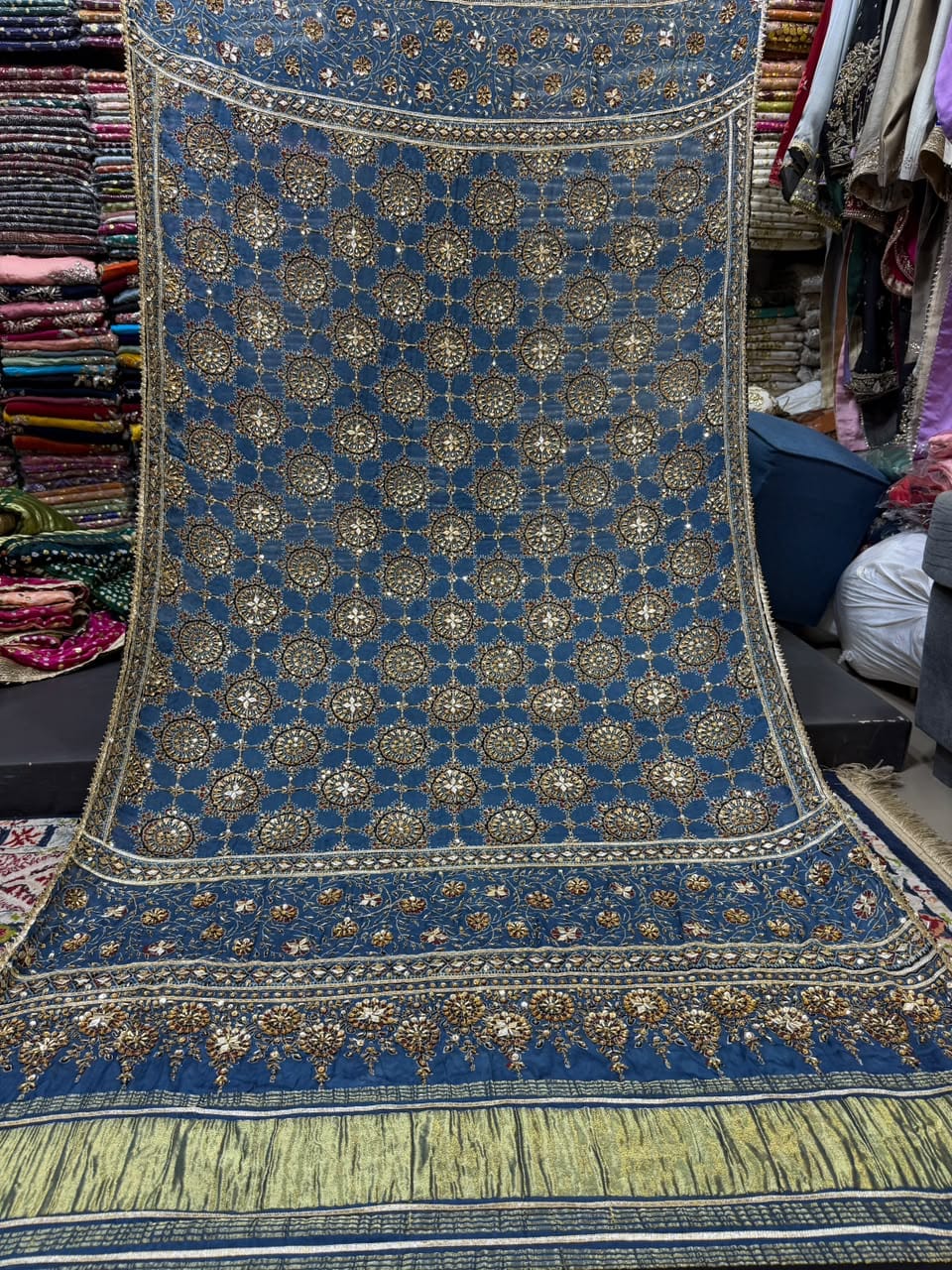 Ajrak Work Gota Cut Dana Pearl and Sequence Shawl - Image 3