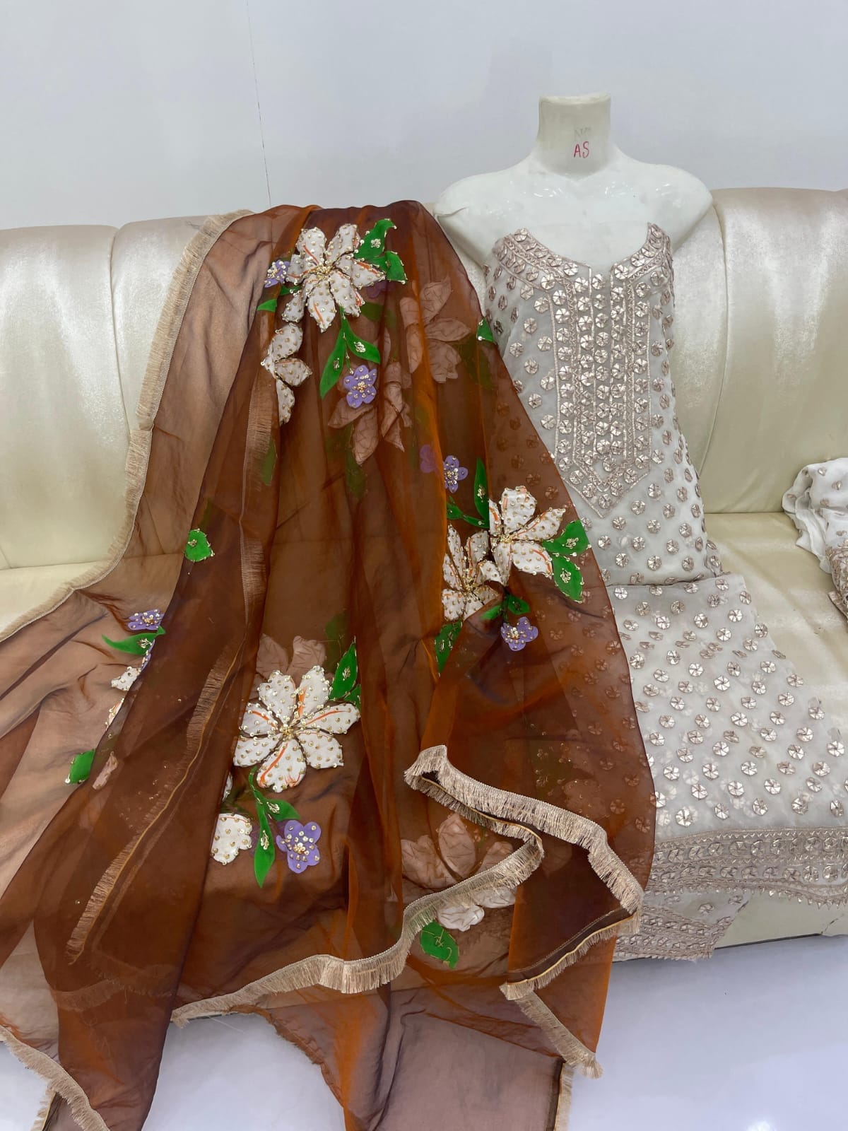 Hand Painted Cut Dana Moti Sequence & Gota Work Suit - Image 3